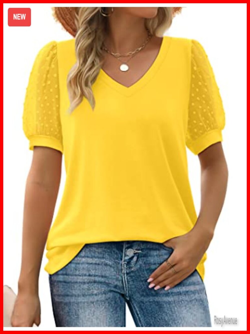 Loose Fit V Neck Puff Sleeve Swiss Dot Loose Casual Tshirt Women